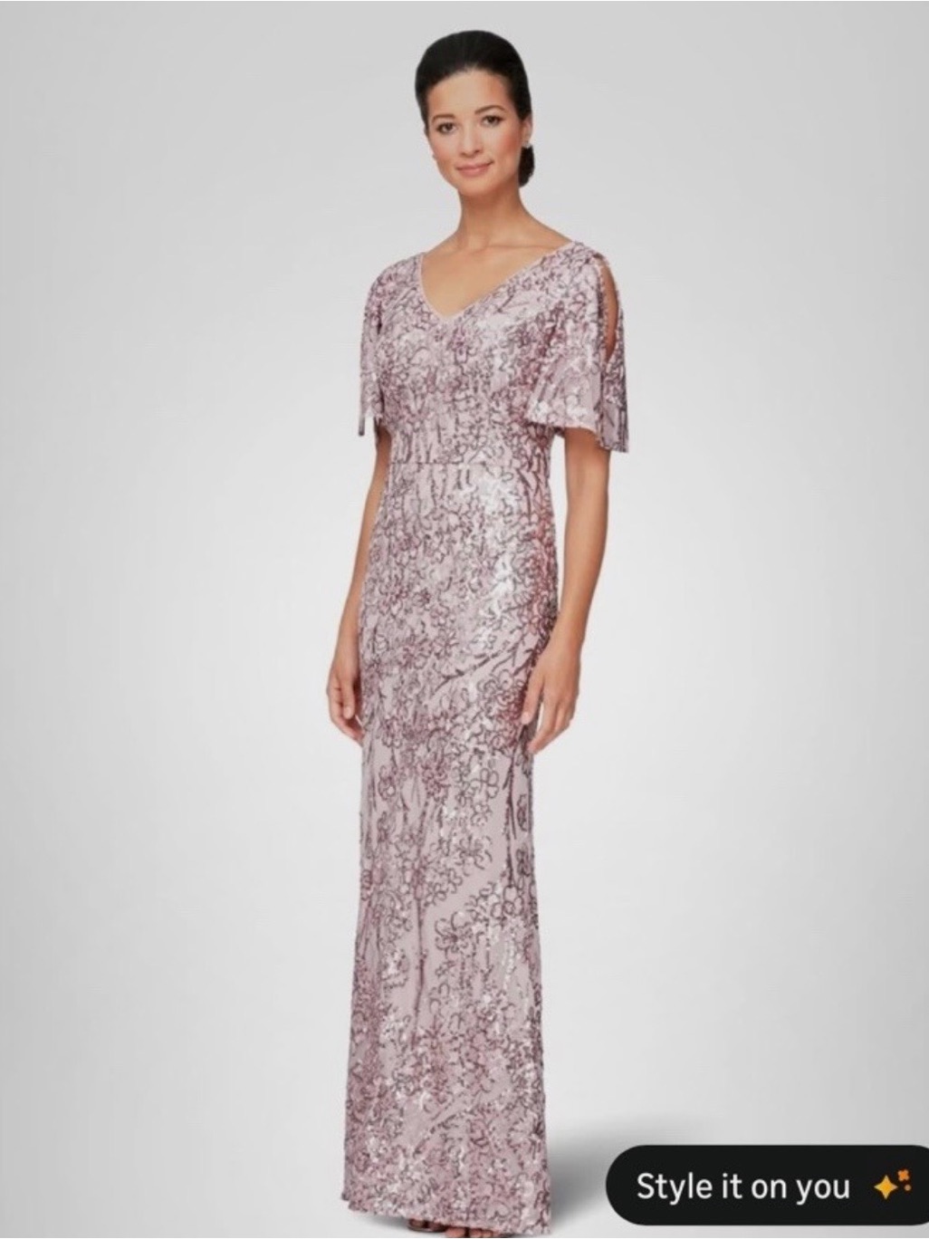 Alex Evenings V-Neck Sequined Dress With Flutter Sleeve